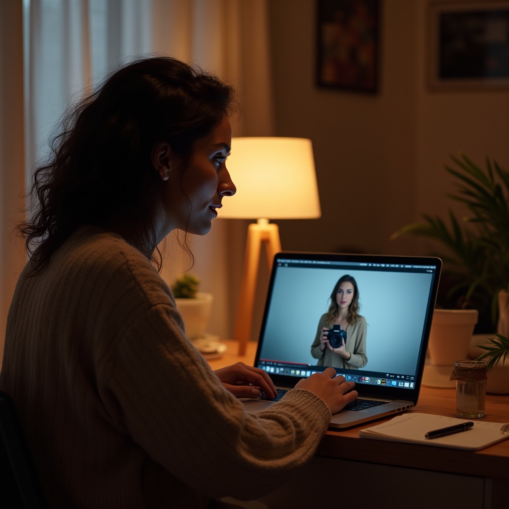 Osoba sledující online lekci fotografování na notebooku večer